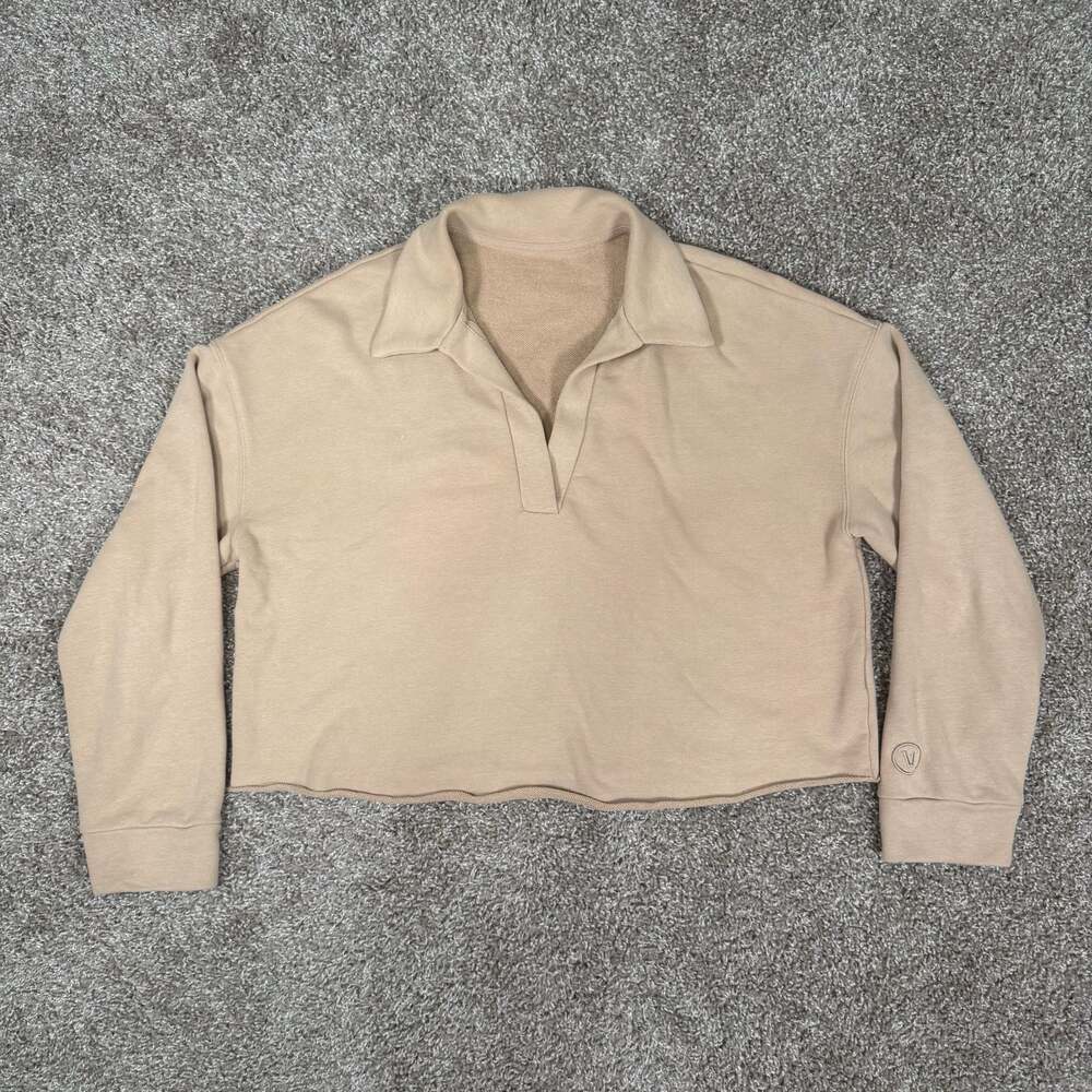 Vuori Women's Beige Cropped Polo Sweatshirt Athleisure Preppy Oversized